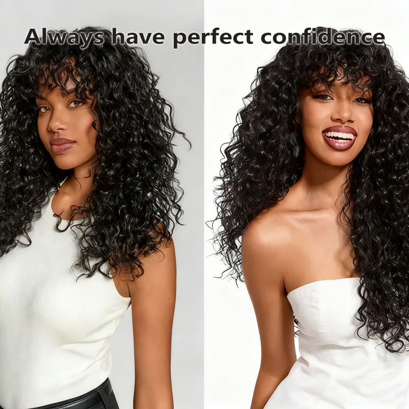 QIAWI™ Blended Human Hair Curly Wig with Bangs - Easily create voluminous, wavy curls; ready to use immediately