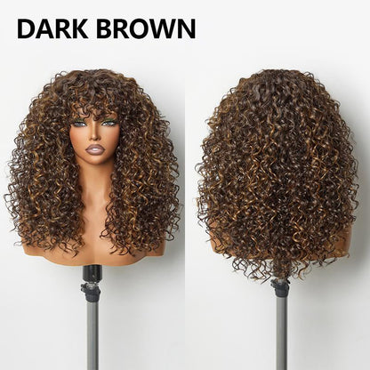 QIAWI™ Blended Human Hair Curly Wig with Bangs - Easily create voluminous, wavy curls; ready to use immediately