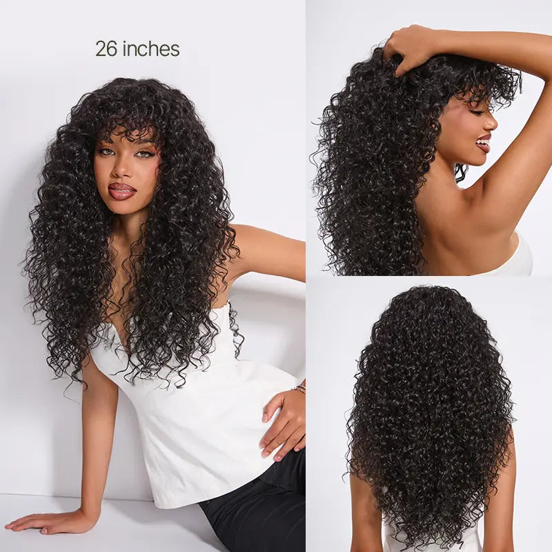 QIAWI™ Blended Human Hair Curly Wig with Bangs - Easily create voluminous, wavy curls; ready to use immediately