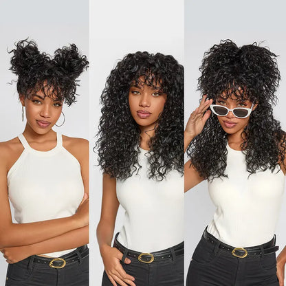 QIAWI™ Blended Human Hair Curly Wig with Bangs - Easily create voluminous, wavy curls; ready to use immediately